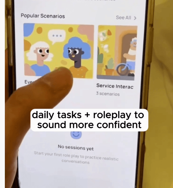 App demo screen recording: daily tasks + roleplay to sound more confident