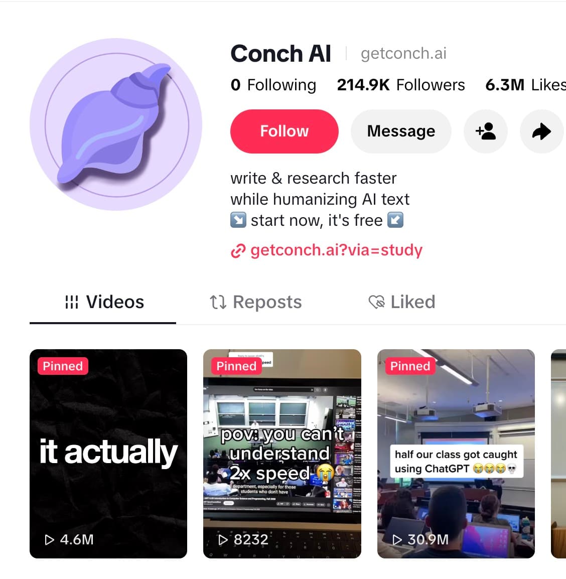 Conch AI TikTok profile: 214.9K followers, 6.3M likes