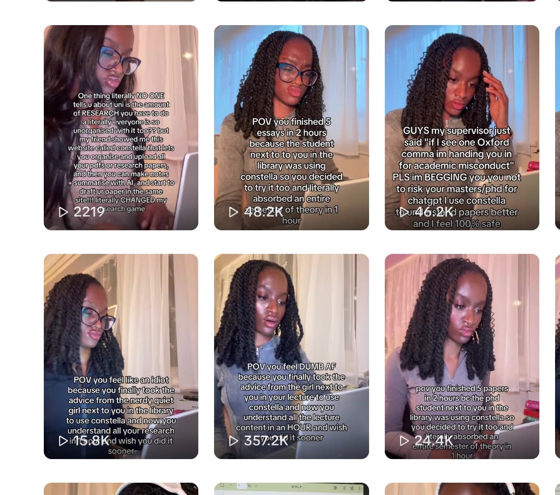 Constella creator videos: 357.2K, 48.2K, 46.2K views